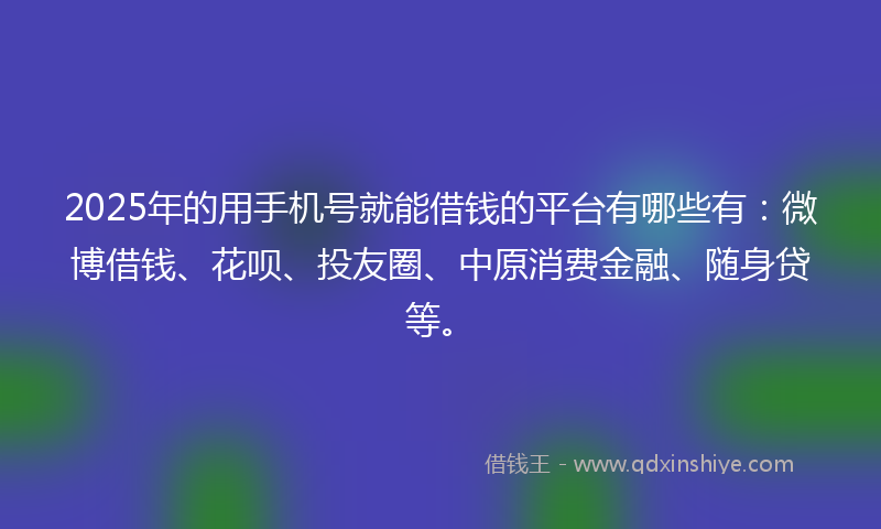 2025年的用手机号就能借钱的平台有哪些有：微博借钱、花呗、投友圈、中原消费金融、随身贷等。