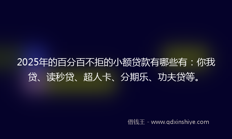 2025年的百分百不拒的小额贷款有哪些有：你我贷、读秒贷、超人卡、分期乐、功夫贷等。