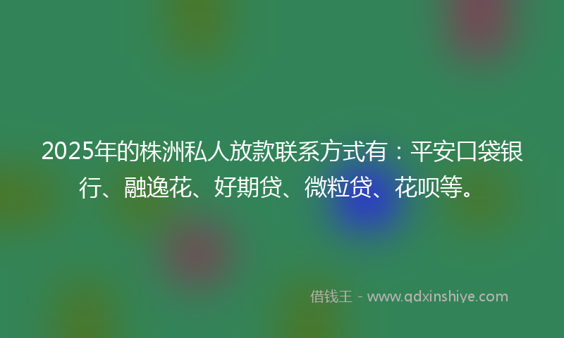 2025年的株洲私人放款联系方式有：平安口袋银行、融逸花、好期贷、微粒贷、花呗等。