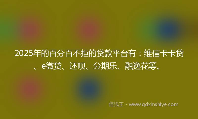 2025年的百分百不拒的贷款平台有：维信卡卡贷、e微贷、还呗、分期乐、融逸花等。