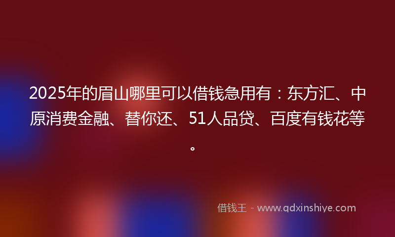 2025年的眉山哪里可以借钱急用有：东方汇、中原消费金融、替你还、51人品贷、百度有钱花等。