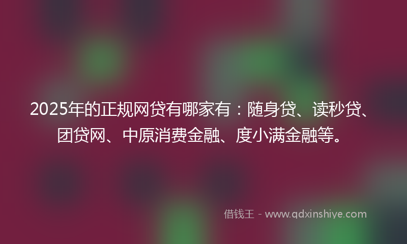 2025年的正规网贷有哪家有：随身贷、读秒贷、团贷网、中原消费金融、度小满金融等。