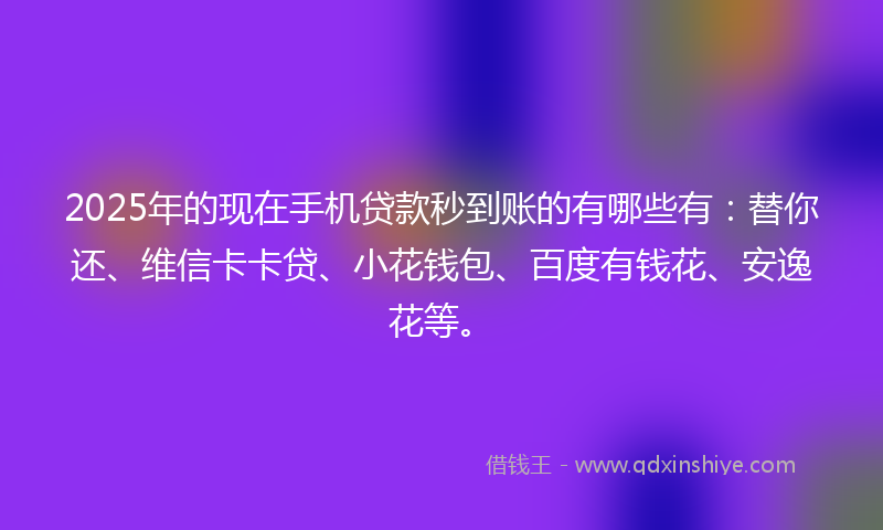 2025年的现在手机贷款秒到账的有哪些有：替你还、维信卡卡贷、小花钱包、百度有钱花、安逸花等。