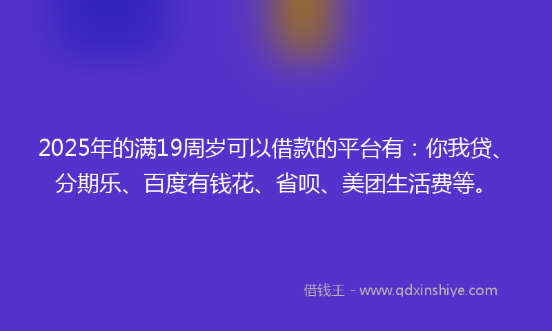 2025年的满19周岁可以借款的平台有：你我贷、分期乐、百度有钱花、省呗、美团生活费等。