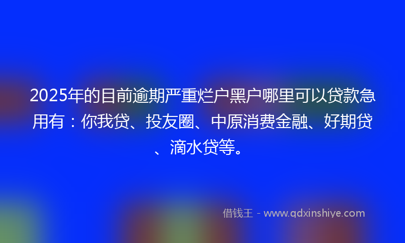 2025年的目前逾期严重烂户黑户哪里可以贷款急用有：你我贷、投友圈、中原消费金融、好期贷、滴水贷等。