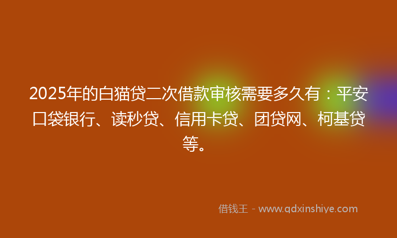 2025年的白猫贷二次借款审核需要多久有：平安口袋银行、读秒贷、信用卡贷、团贷网、柯基贷等。