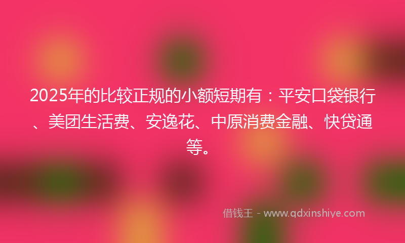 2025年的比较正规的小额短期有：平安口袋银行、美团生活费、安逸花、中原消费金融、快贷通等。