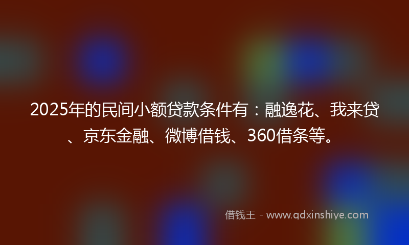 2025年的民间小额贷款条件有:融逸花、我来贷、京东金融、微博借钱、360借条等。