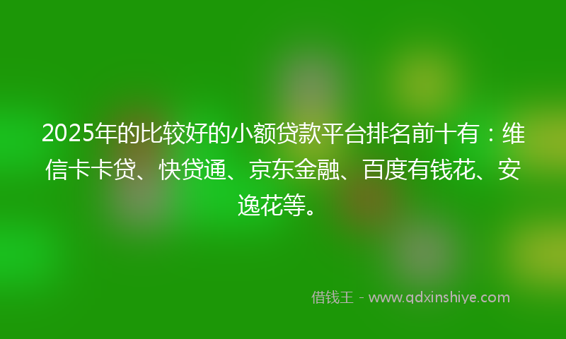 2025年的比较好的小额贷款平台排名前十有：维信卡卡贷、快贷通、京东金融、百度有钱花、安逸花等。