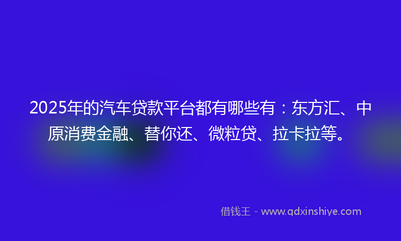 2025年的汽车贷款平台都有哪些有：东方汇、中原消费金融、替你还、微粒贷、拉卡拉等。