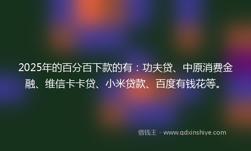 2025年的百分百下款的有：功夫贷、中原消费金融、维信卡卡贷、小米贷款、百度有钱花等。
