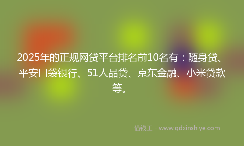 2025年的正规网贷平台排名前10名有：随身贷、平安口袋银行、51人品贷、京东金融、小米贷款等。
