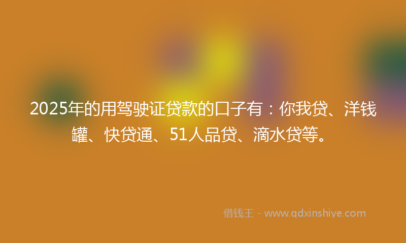 2025年的用驾驶证贷款的口子有：你我贷、洋钱罐、快贷通、51人品贷、滴水贷等。