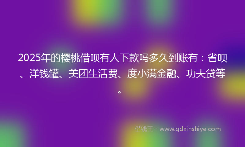 2025年的樱桃借呗有人下款吗多久到账有：省呗、洋钱罐、美团生活费、度小满金融、功夫贷等。