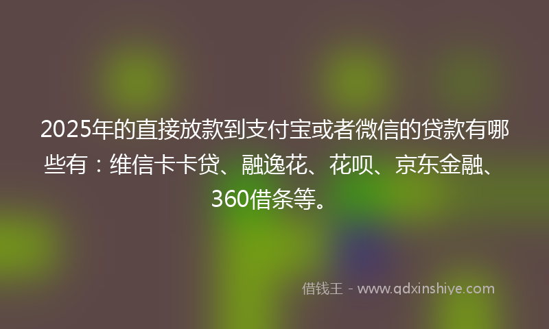 2025年的直接放款到支付宝或者微信的贷款有哪些有：维信卡卡贷、融逸花、花呗、京东金融、360借条等。