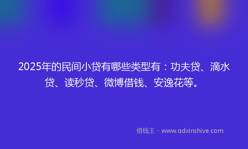 2025年的民间小贷有哪些类型有：功夫贷、滴水贷、读秒贷、微博借钱、安逸花等。