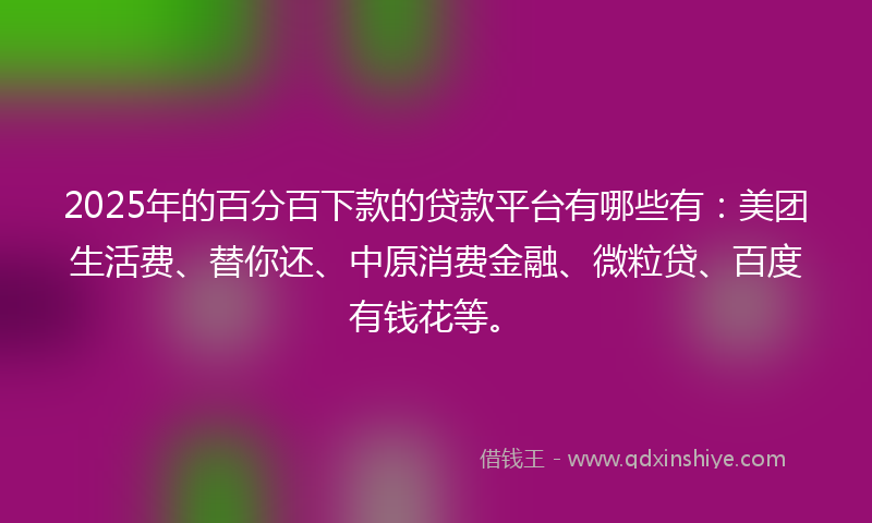 2025年的百分百下款的贷款平台有哪些有：美团生活费、替你还、中原消费金融、微粒贷、百度有钱花等。