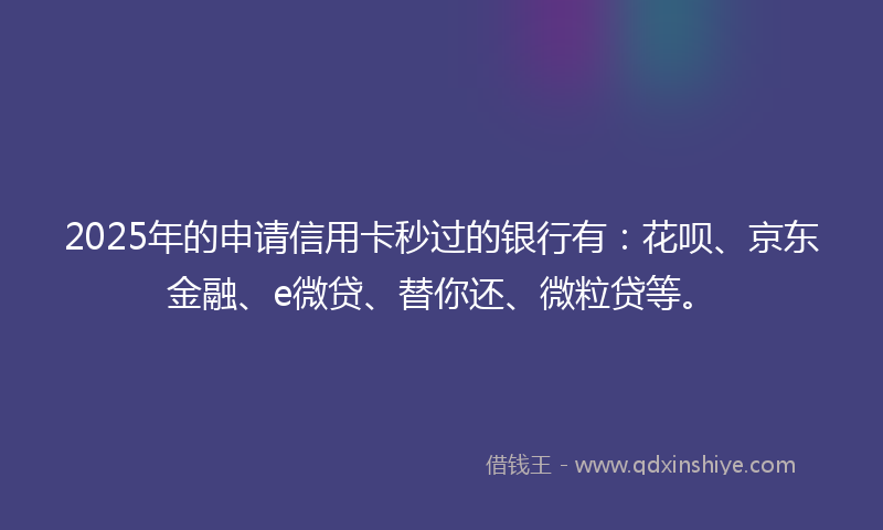 2025年的申请信用卡秒过的银行有：花呗、京东金融、e微贷、替你还、微粒贷等。