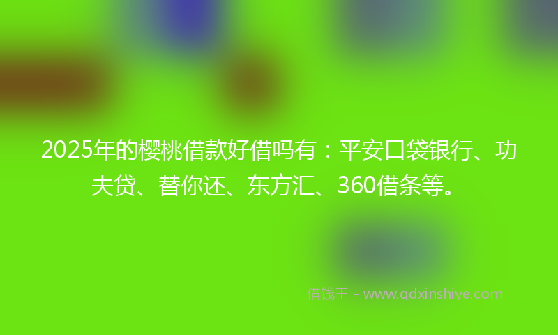 2025年的樱桃借款好借吗有：平安口袋银行、功夫贷、替你还、东方汇、360借条等。