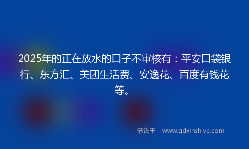 2025年的正在放水的口子不审核有：平安口袋银行、东方汇、美团生活费、安逸花、百度有钱花等。