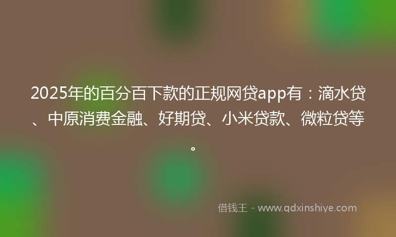 2025年的百分百下款的正规网贷app有：滴水贷、中原消费金融、好期贷、小米贷款、微粒贷等。