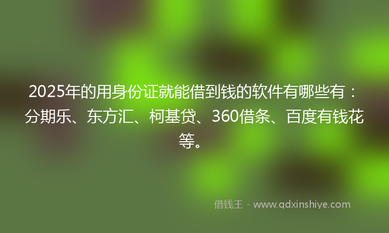 2025年的用身份证就能借到钱的软件有哪些有：分期乐、东方汇、柯基贷、360借条、百度有钱花等。