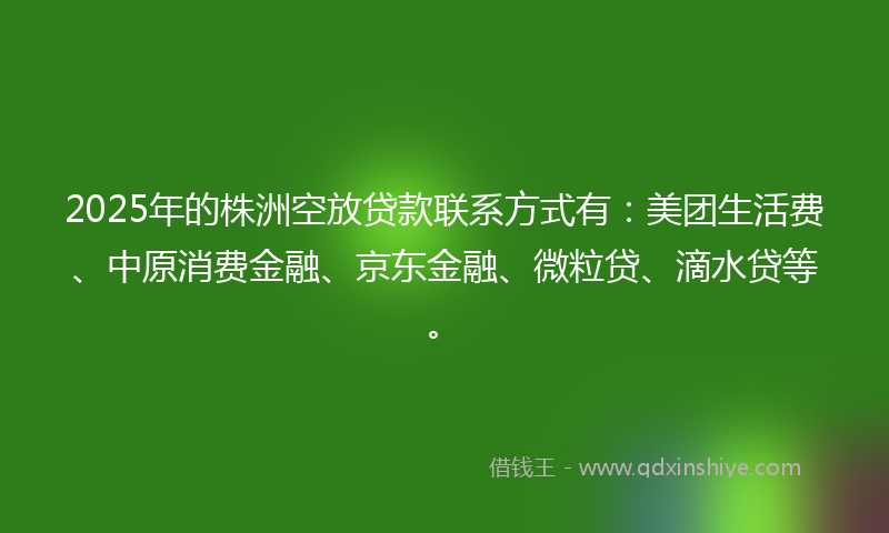2025年的株洲空放贷款联系方式有：美团生活费、中原消费金融、京东金融、微粒贷、滴水贷等。