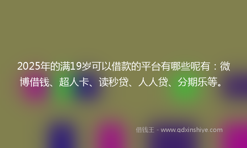 2025年的满19岁可以借款的平台有哪些呢有：微博借钱、超人卡、读秒贷、人人贷、分期乐等。