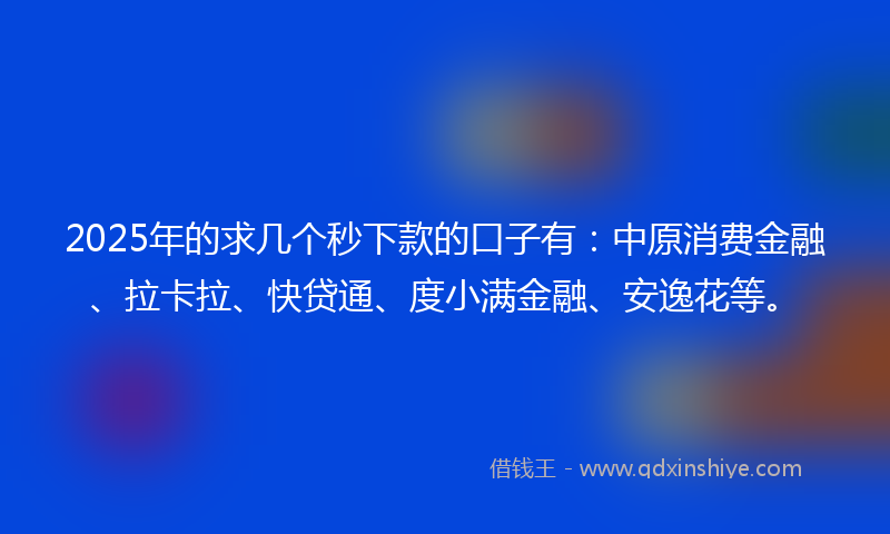 2025年的求几个秒下款的口子有:中原消费金融、拉卡拉、快贷通、度小满金融、安逸花等。