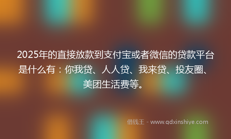 2025年的直接放款到支付宝或者微信的贷款平台是什么有：你我贷、人人贷、我来贷、投友圈、美团生活费等。