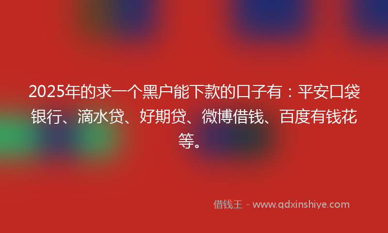 2025年的求一个黑户能下款的口子有：平安口袋银行、滴水贷、好期贷、微博借钱、百度有钱花等。