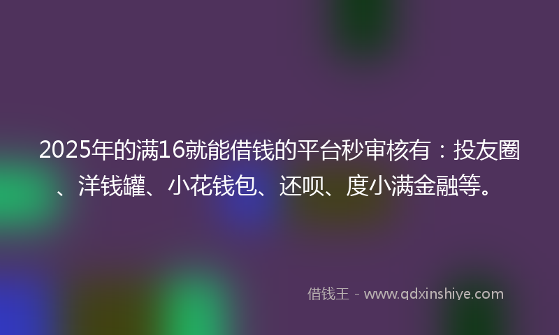 2025年的满16就能借钱的平台秒审核有：投友圈、洋钱罐、小花钱包、还呗、度小满金融等。