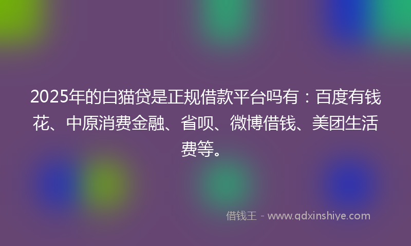 2025年的白猫贷是正规借款平台吗有：百度有钱花、中原消费金融、省呗、微博借钱、美团生活费等。