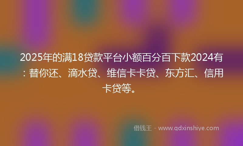2025年的满18贷款平台小额百分百下款2024有：替你还、滴水贷、维信卡卡贷、东方汇、信用卡贷等。