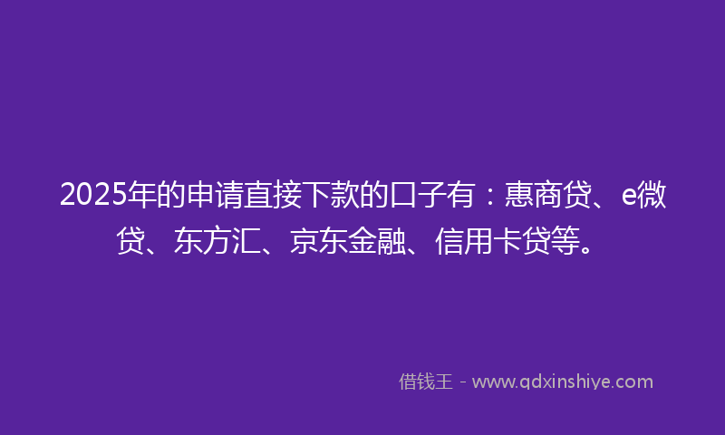 2025年的申请直接下款的口子有：惠商贷、e微贷、东方汇、京东金融、信用卡贷等。
