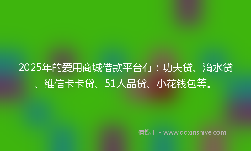 2025年的爱用商城借款平台有：功夫贷、滴水贷、维信卡卡贷、51人品贷、小花钱包等。