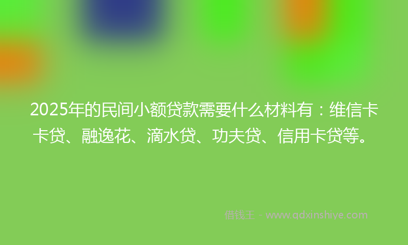 2025年的民间小额贷款需要什么材料有：维信卡卡贷、融逸花、滴水贷、功夫贷、信用卡贷等。