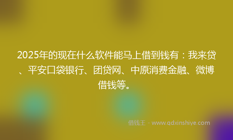 2025年的现在什么软件能马上借到钱有：我来贷、平安口袋银行、团贷网、中原消费金融、微博借钱等。