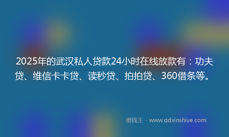 2025年的武汉私人贷款24小时在线放款有：功夫贷、维信卡卡贷、读秒贷、拍拍贷、360借条等。