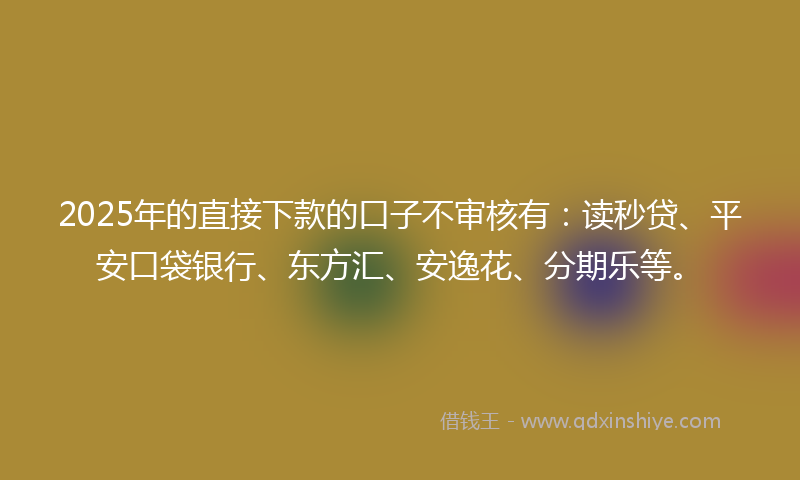 2025年的直接下款的口子不审核有：读秒贷、平安口袋银行、东方汇、安逸花、分期乐等。