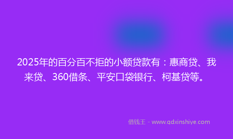 2025年的百分百不拒的小额贷款有：惠商贷、我来贷、360借条、平安口袋银行、柯基贷等。