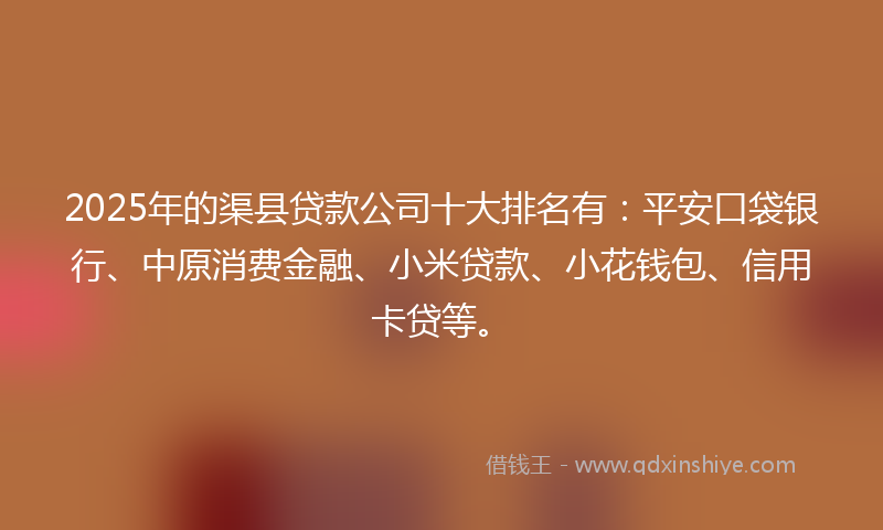 2025年的渠县贷款公司十大排名有：平安口袋银行、中原消费金融、小米贷款、小花钱包、信用卡贷等。