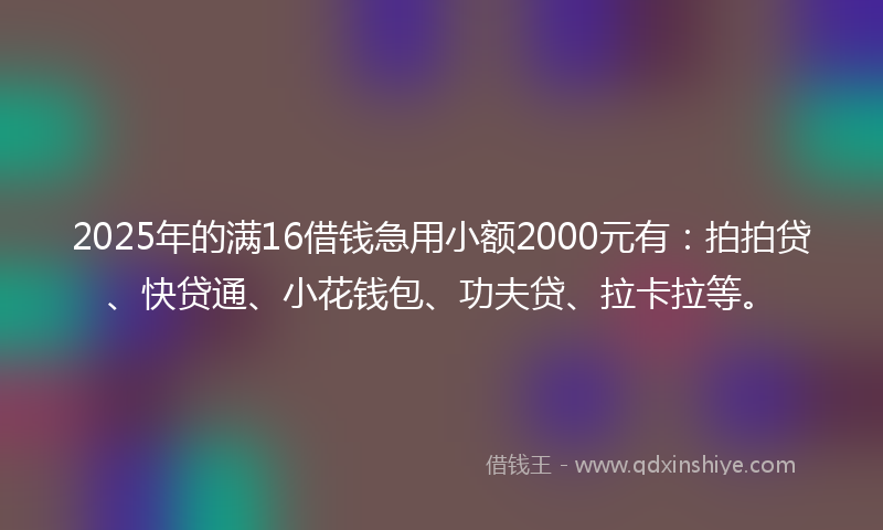 2025年的满16借钱急用小额2000元有：拍拍贷、快贷通、小花钱包、功夫贷、拉卡拉等。