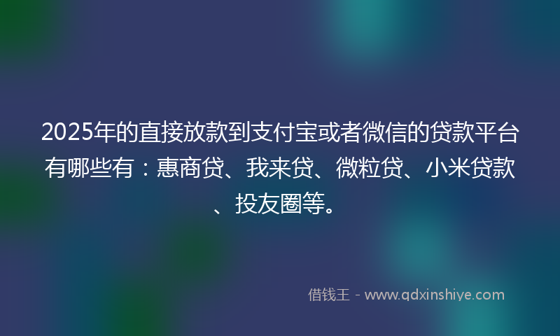2025年的直接放款到支付宝或者微信的贷款平台有哪些有：惠商贷、我来贷、微粒贷、小米贷款、投友圈等。