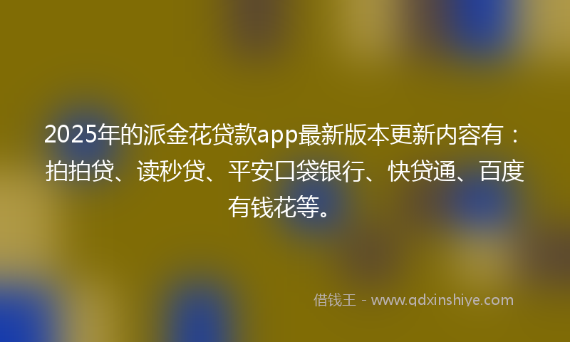 2025年的派金花贷款app最新版本更新内容有：拍拍贷、读秒贷、平安口袋银行、快贷通、百度有钱花等。
