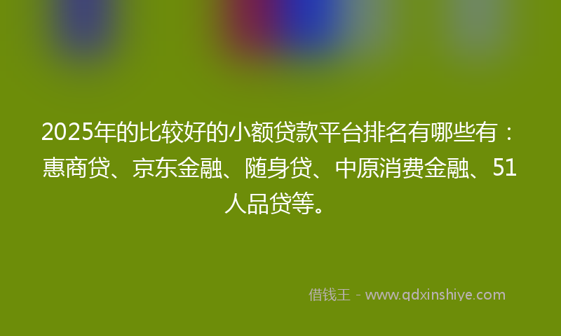 2025年的比较好的小额贷款平台排名有哪些有：惠商贷、京东金融、随身贷、中原消费金融、51人品贷等。