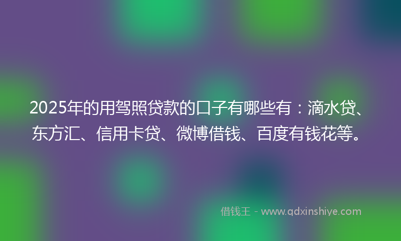 2025年的用驾照贷款的口子有哪些有：滴水贷、东方汇、信用卡贷、微博借钱、百度有钱花等。