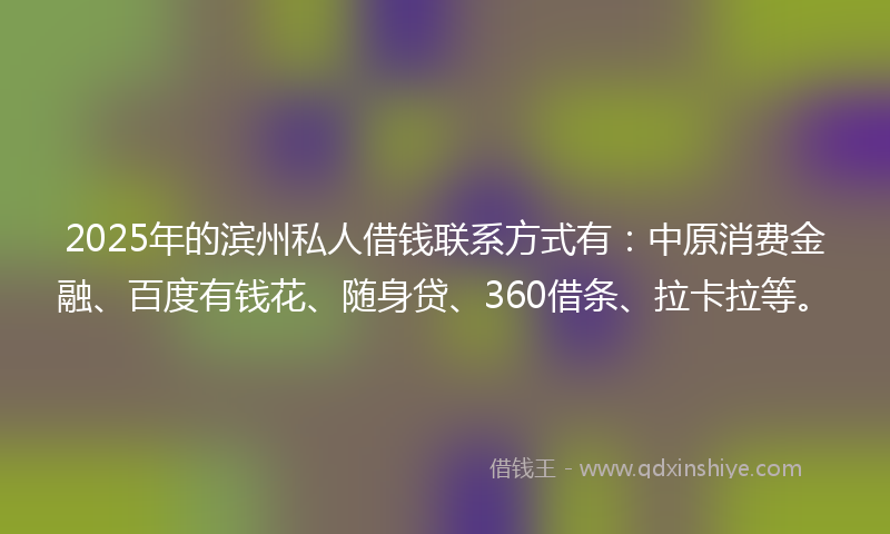 2025年的滨州私人借钱联系方式有：中原消费金融、百度有钱花、随身贷、360借条、拉卡拉等。