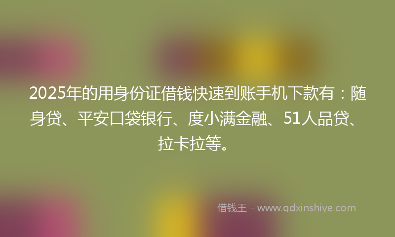 2025年的用身份证借钱快速到账手机下款有：随身贷、平安口袋银行、度小满金融、51人品贷、拉卡拉等。