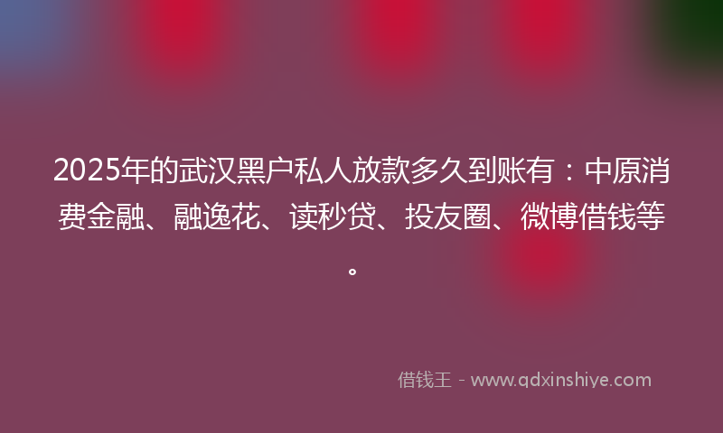 2025年的武汉黑户私人放款多久到账有：中原消费金融、融逸花、读秒贷、投友圈、微博借钱等。